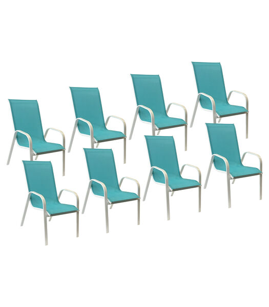 Set van 8 MARBELLA stoelen in blauw textilene - wit aluminium