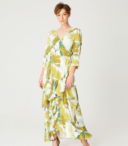 Midi-jurk met tropische print, diepe ruches en gekruiste harten op de buste