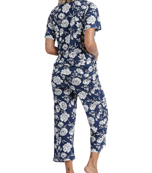 Pyjama loungewear palazzo broek wikkel top Navy Flowers