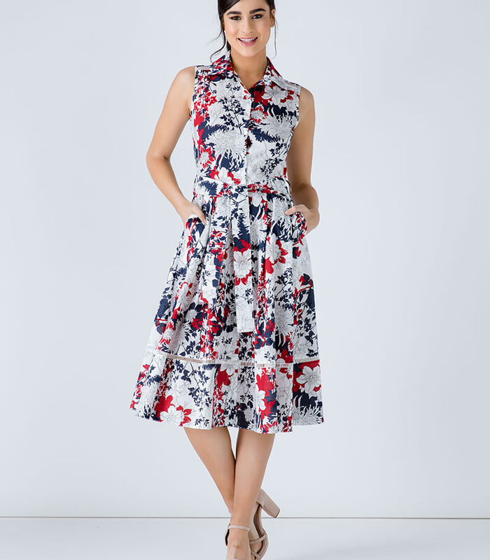 Marine bloemenprint jurk met riem image number 0