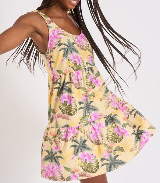 Lichtgele korte jurk met bloemen en palmbomen Tobati Limetropivoil