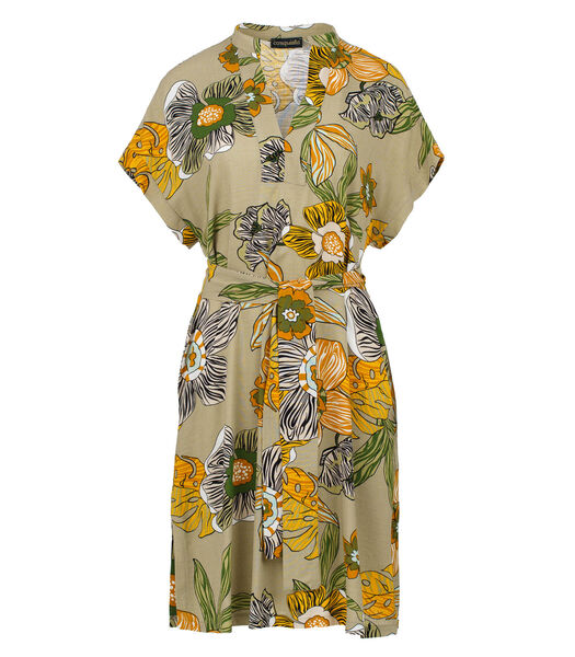Robe Imprimée Floral Audacieux de Style Lin avec Col Mandarin