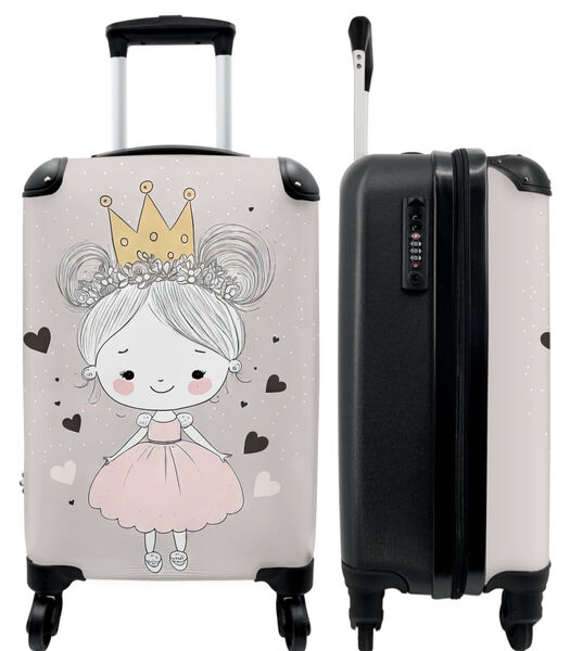Ruimbagage koffer met 4 wielen en TSA slot (Prinses - Meisjes - Hartjes - Kroon - Roze)