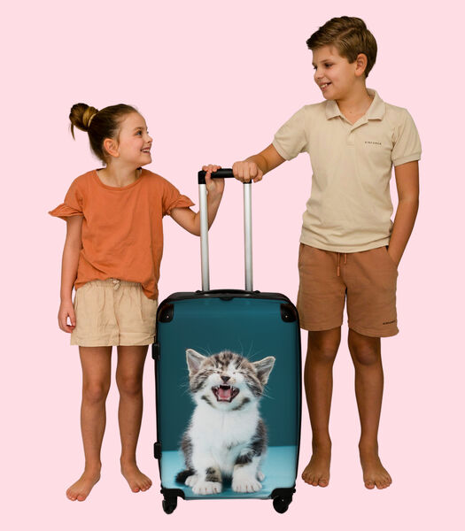 Bagage à main Valise avec 4 roues et serrure TSA (Chaton - Chat - Miaou - Bleu)