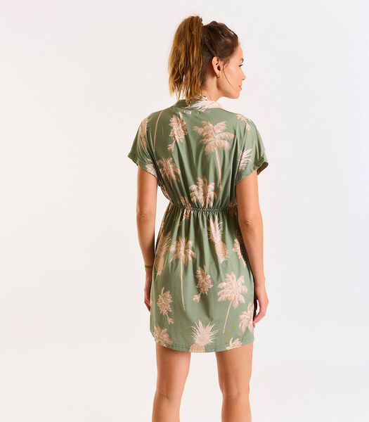 Kaki korte jurk met ecru palmboomprint Abeline Bayvoil