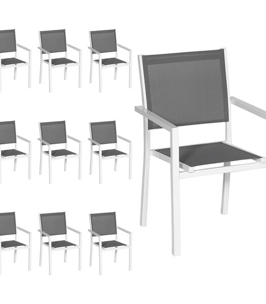 Lot de 10 chaises en aluminium blanc - textilène gris