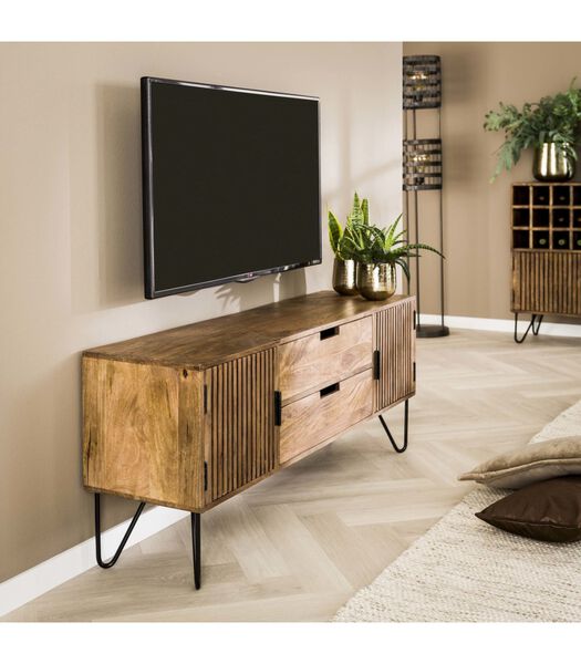 Barred - Meuble TV - 2 portes - 2 tiroirs - bois de manguier massif - coloris sable