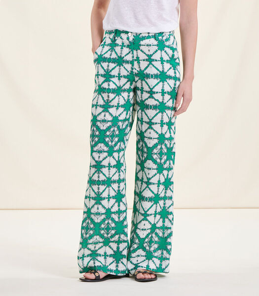 Pantalon large vert chlorophylle en lin à taille haute tie & dye