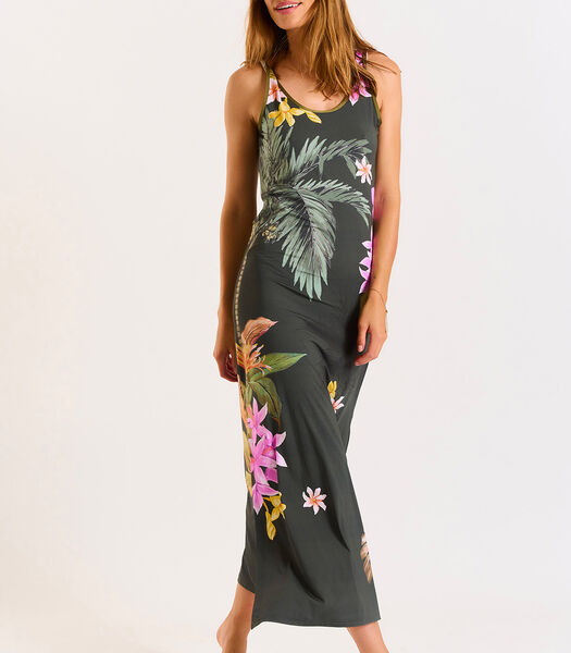 Lange kaki jurk met bloemen en palmbomen Mehiti Beachdress