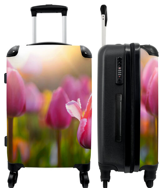 Handbagage Koffer met 4 wielen en TSA slot (Tulpen - Roze - Bloemen - Lente)