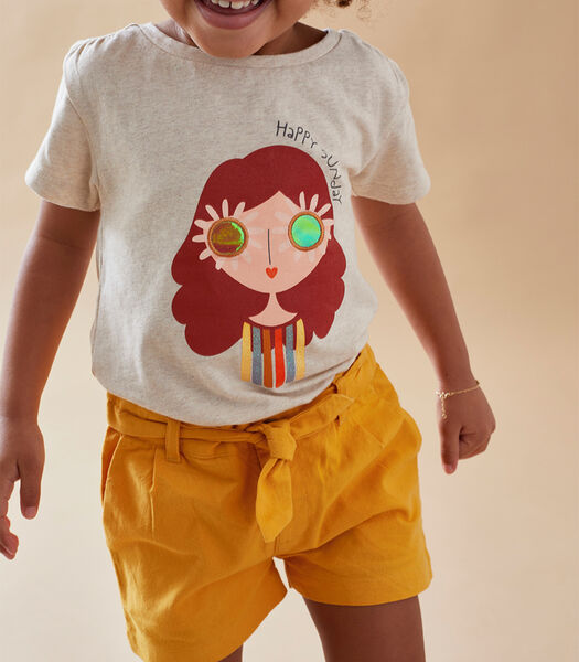 T-shirt met korte mouwen bedrukt met meisje, chiné beige