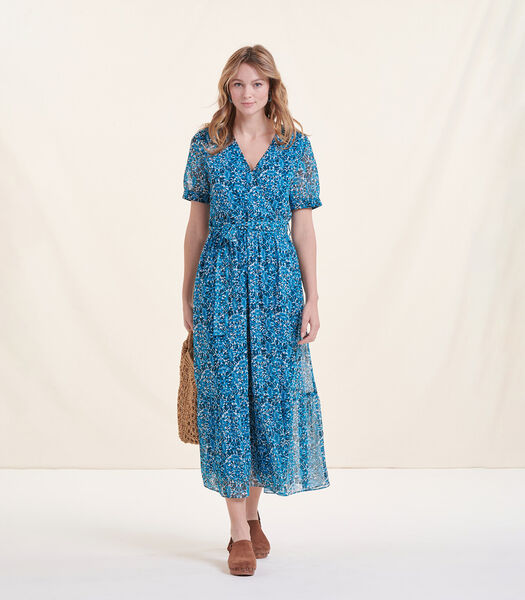 Robe longue bleue cintrée en voile imprimée