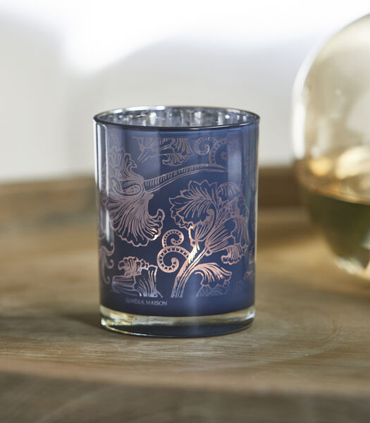 Amalfi theelichthouder glas - met bloemenprint blauw (ØxH) 10x12.5 cm