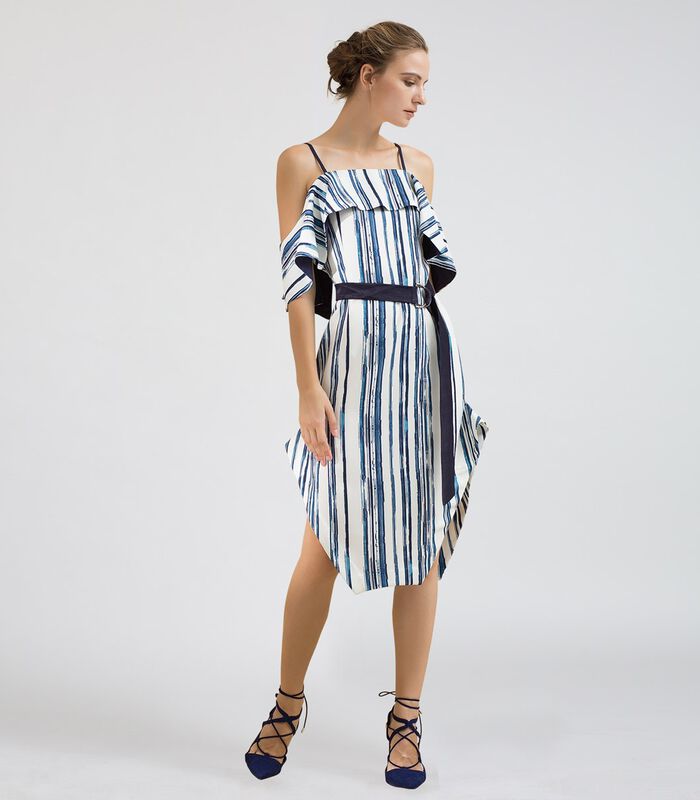 Halflange jurk met dunne bandjes en streepjesprint image number 0