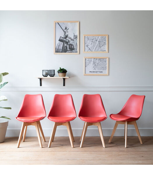 Set van 4 NORA Scandinavische stoelen rood met kussen