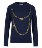 Donkerblauwe sweater met een gouden print van een ketting. image number 1