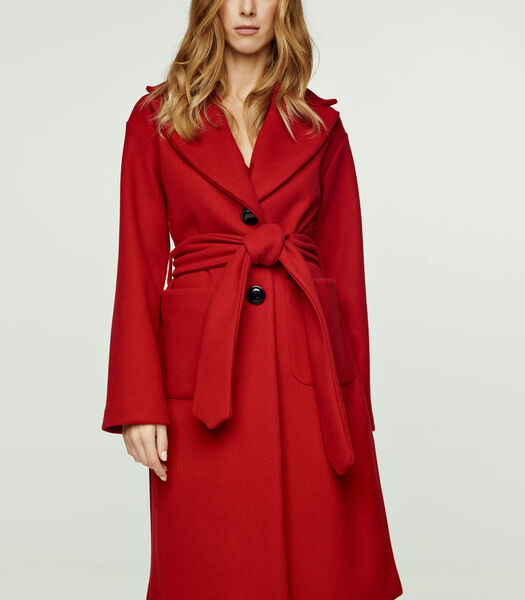 Manteau long rouge foncé imitation mouflon avec ceinture