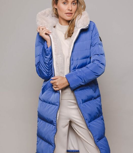 Manteau à capuche long et matelassé avec fausse fourrure Bleu royal 48