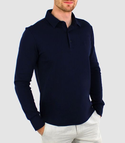 Heren Polo Lange Mouw - Strijkvrij Poloshirt - Marine Blauw - Navy - Slim Fit - Excellent Katoen
