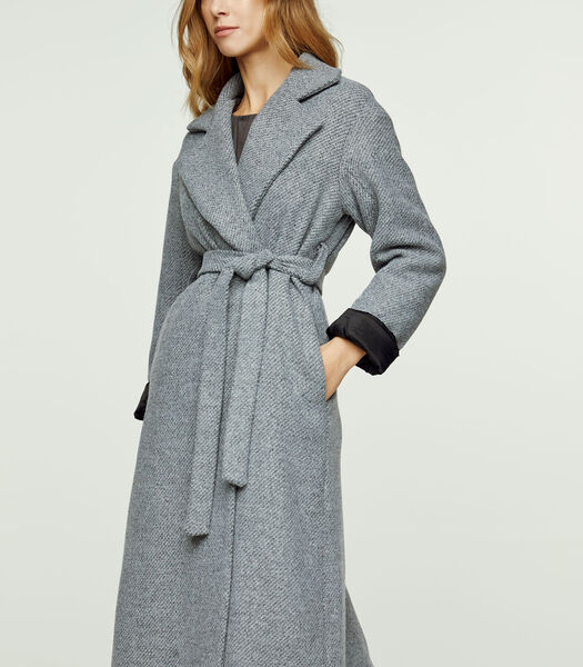 Manteau d'hiver en laine mélangée gris mêlé avec col châle et ceinture élégante