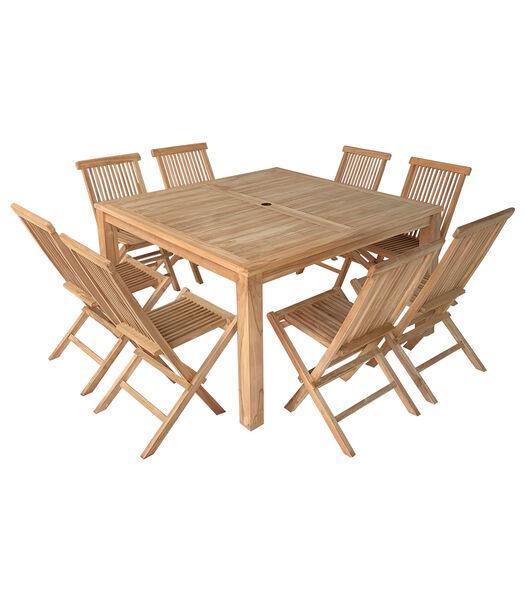 Salon de jardin en teck JAVA - table carrée et chaises pliantes - 8 places