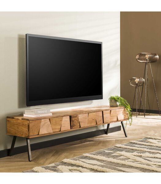 Blox - Meuble TV - acacia massif - 3 tiroirs - pieds en acier
