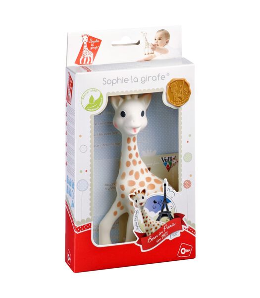 Jouet de dentition Sophie la girafe en caoutchouc 100% naturel dans une boîte cadeau blanche et rouge.