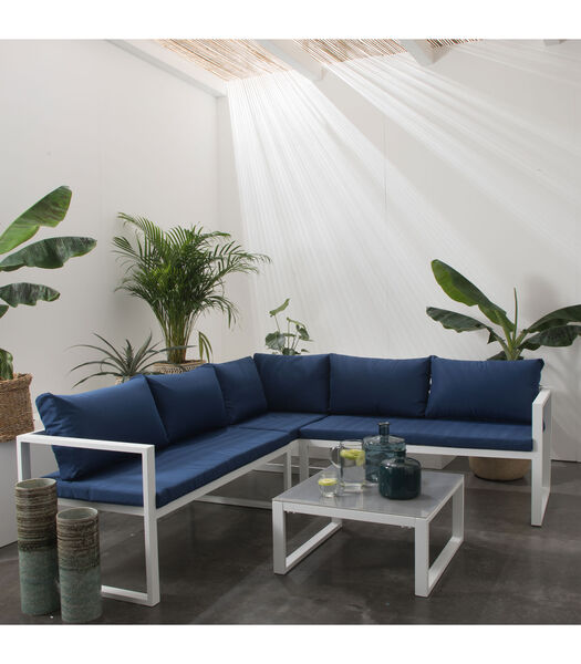 Salon de jardin modulable IBIZA en tissu bleu 4 places - aluminium blanc