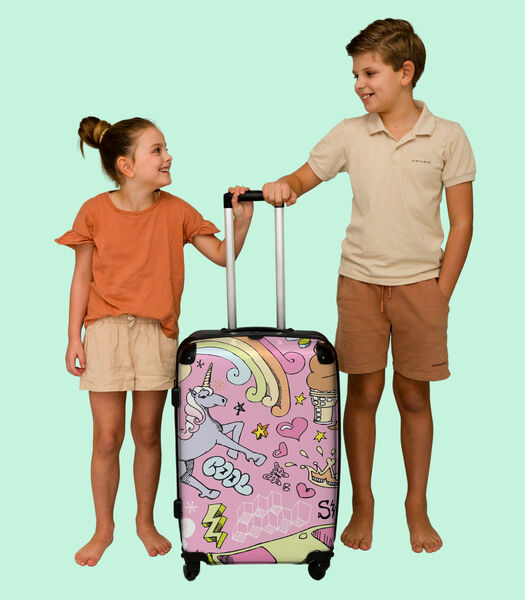 Handbagage Koffer met 4 wielen en TSA slot (Roze - Eenhoorn - Skateboard - Tekening)