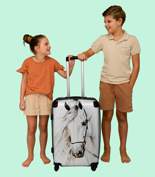 Bagage à main Valise avec 4 roues et serrure TSA (Cheval - Blanc - Illustration - Fille)