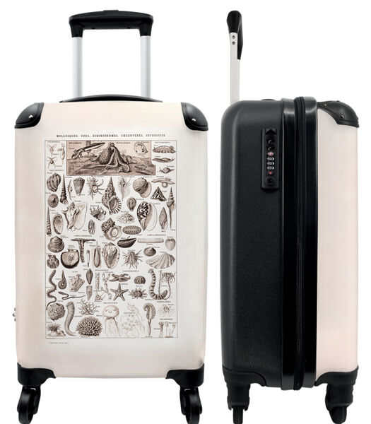 Valise spacieuse avec 4 roues et serrure TSA (Rétro - Créatures marines - Coquillages - Noir et blanc - Dessin)