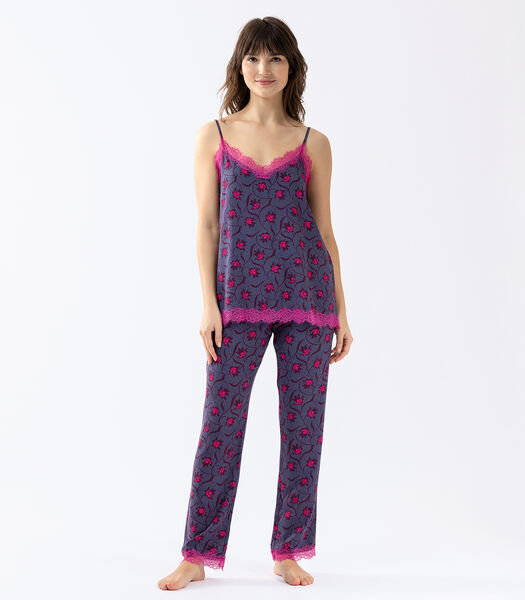 Pyjama Caraco Pantalon en viscose imprimée et  finitions dentelle ALBA 604