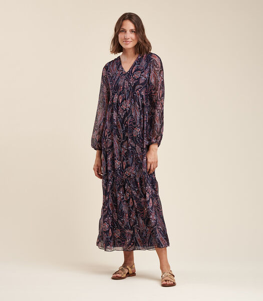 Lange -brede jurk in viscose zijden viscose met bloemenprint