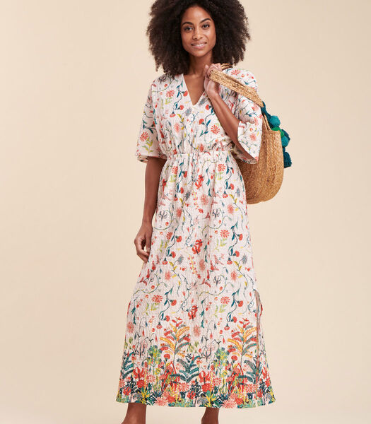 Lange wortel jurk in schittering met bloemrijke print