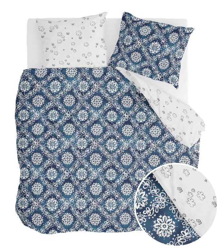 Housse de couette Crossed Flowers Blue/Off White Coton image number 1