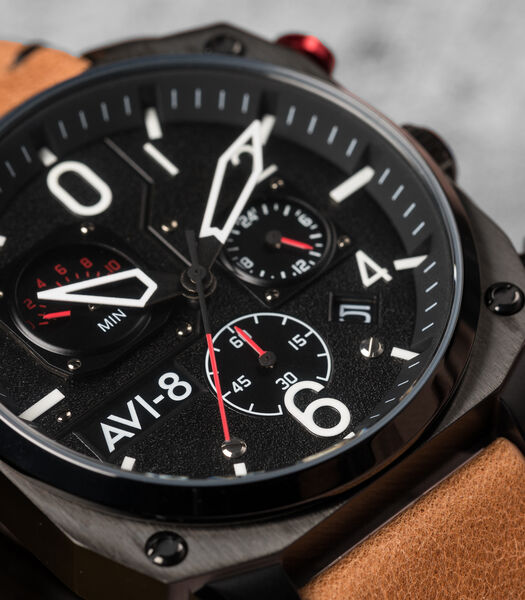 Montre homme quartz japonais chronographe - Bracelet cuir - 10 min rétrograde avec date - Hawker Hunter