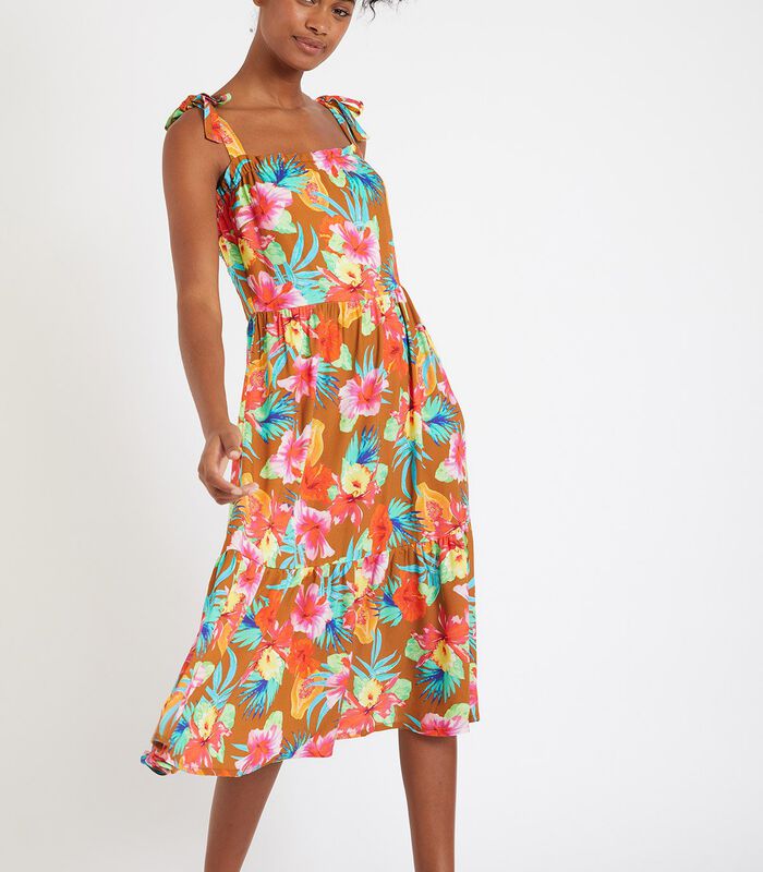 LOU PEARLDAY lange bruine jurk met tropische print image number 0