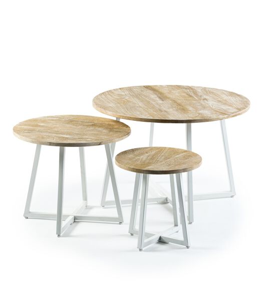 Offering - Table basse - set of 3 - ronde - manguier - naturel - pieds trapézoïdaux en acier blanc