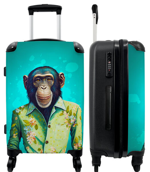Bagage à main Valise avec 4 roues et serrure TSA (Singe - Chemisier - Fleurs - Vert - Portrait)