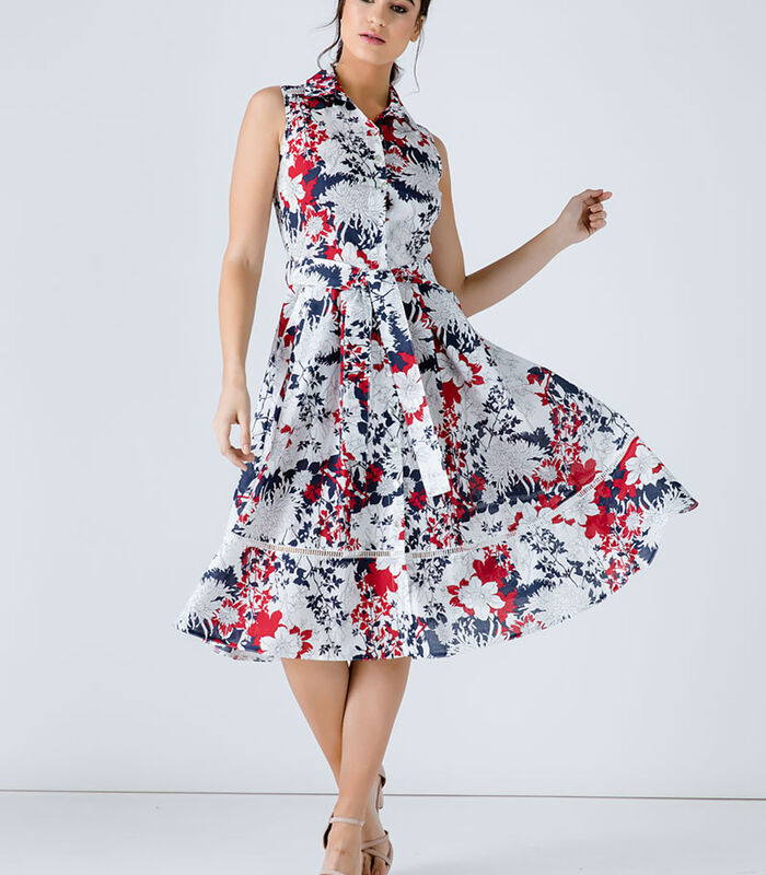 Marine bloemenprint jurk met riem image number 1
