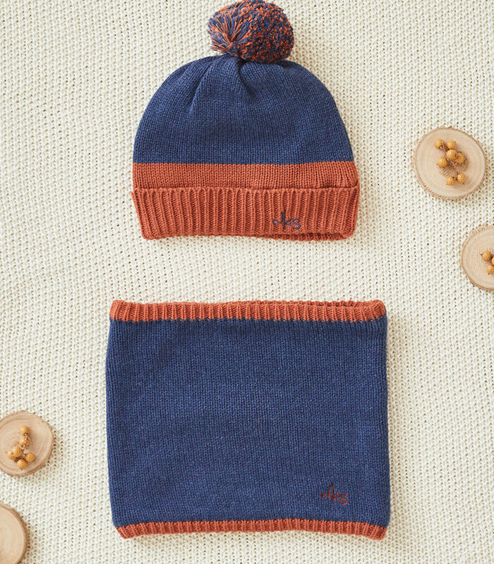 Tricoloudoux muts met pompom, caramel/donkerblauw image number 1