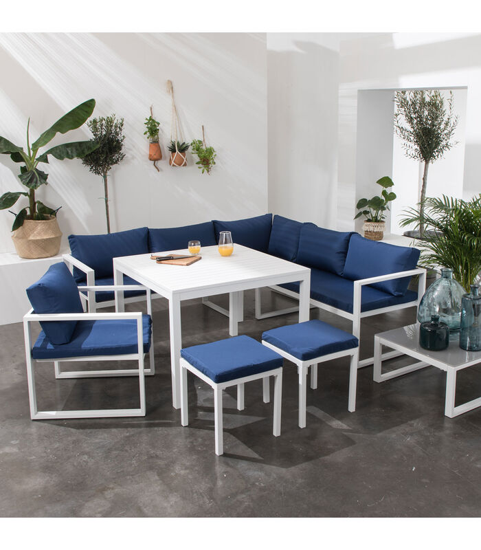 Salon de jardin modulable IBIZA en tissu bleu 7 places - aluminium blanc image number 1
