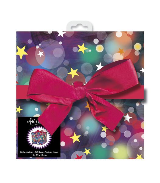 Boîte cadeau avec nœud - Motifs bulles et étoiles