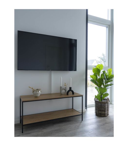 Scandibasic - Meuble TV - aspect chêne - panneau aggloméré mélaminé - 2 étagères - cadre acier - noir - 100x45x36cm
