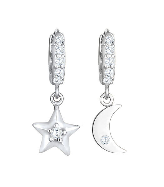 Oorbellen Dames Creoolse Hanger Ster Maan Astro Trend Met Zirkonia Kristallen In 925 Sterling Zilver