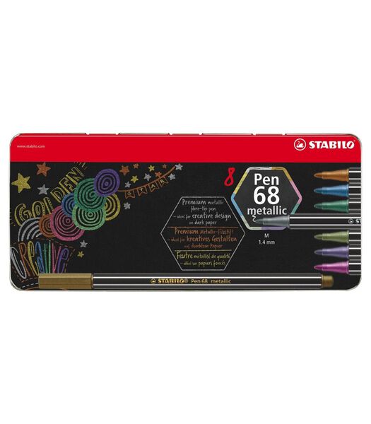 Pen 68 metallic - premium viltstift metalen etui met 8 kleuren