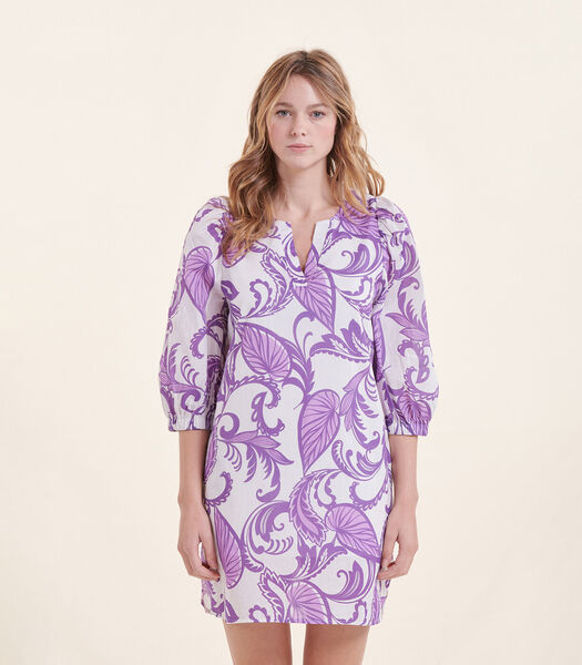 Robe courte violette en voile de coton imprimé