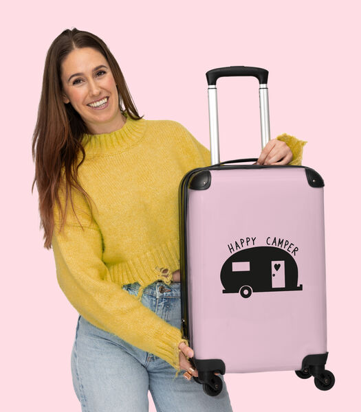 Ruimbagage koffer met 4 wielen en TSA slot ('Happy Camper' - Roze - Zwart - Quotes - Caravan - Camper)