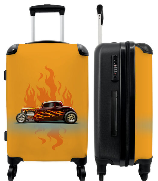 Valise à bagages spacieuse avec 4 roues et serrure TSA (Car - Flames - Red - Vintage)