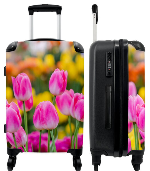 Bagage à main Valise avec 4 roues et serrure TSA (Fleurs - Tulipes - Rose - Printemps)